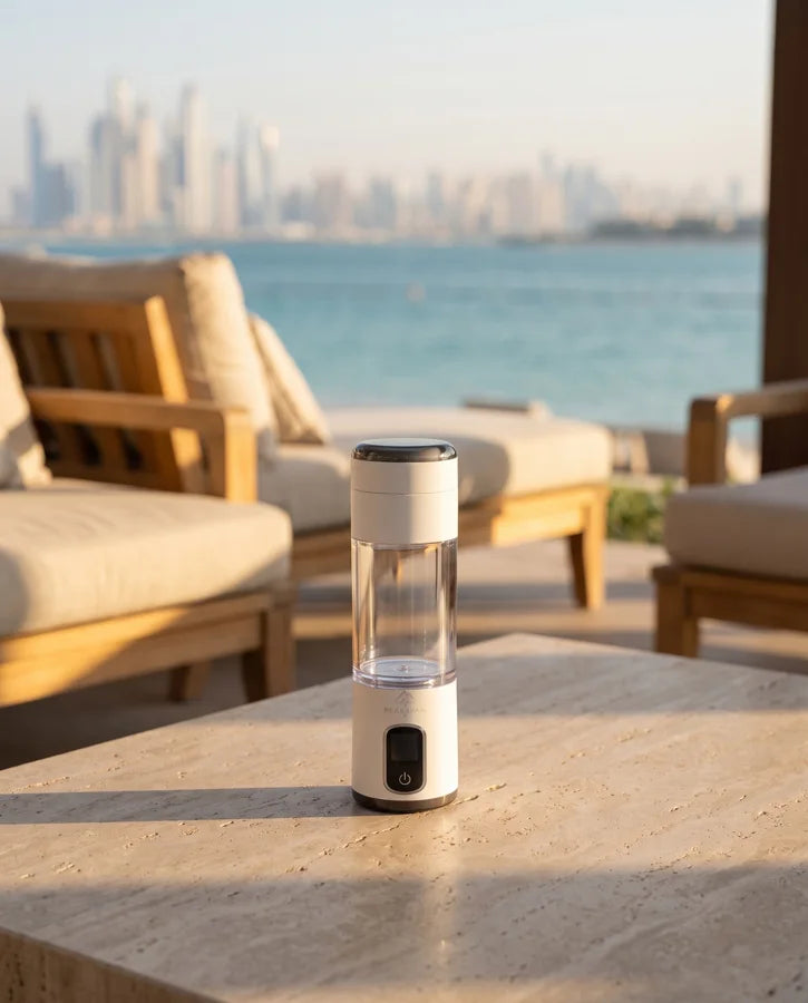 H2 Quantum Flask on a Dubai terrace at golden hour