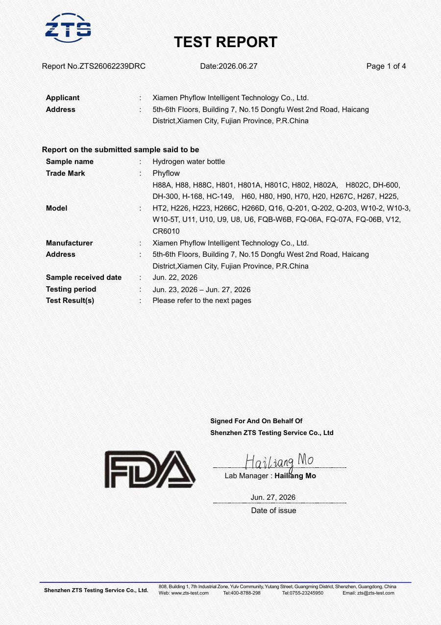 FDA food-contact test report, first page